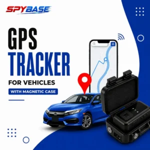 SpyBase 4G real-time GPS tracker for vehicles with magnetic case shown alongside a blue Honda Civic and live tracking app on phone