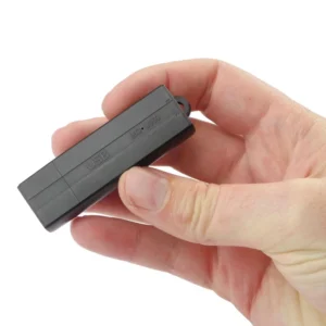 MemoQ MQ-U350 portable USB voice activated digital recorder held in hand showing compact size and MQ-U350 model label engraved on the device