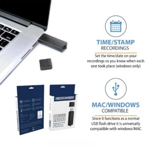 MemoQ MQ-U350 USB voice recorder plugged into a MacBook laptop showing Mac and Windows compatibility with time date stamp recording featur