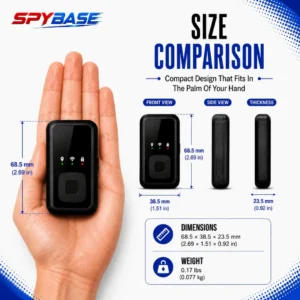 SpyBase 4G GPS tracker size comparison showing compact 68.5 x 38.5 x 23.5mm device fitting in palm of hand with front side and thickness views